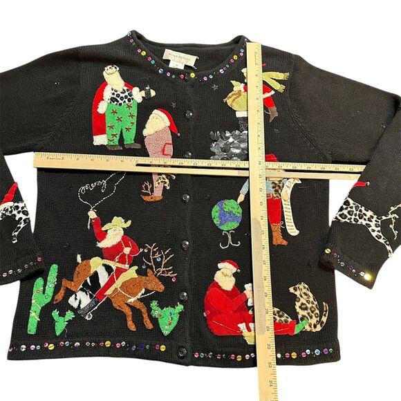 Christmas Sweater Santa Claus Susan Bristol Sz M Cowboy Pajamas Embellished VTG - Picture 4 of 16